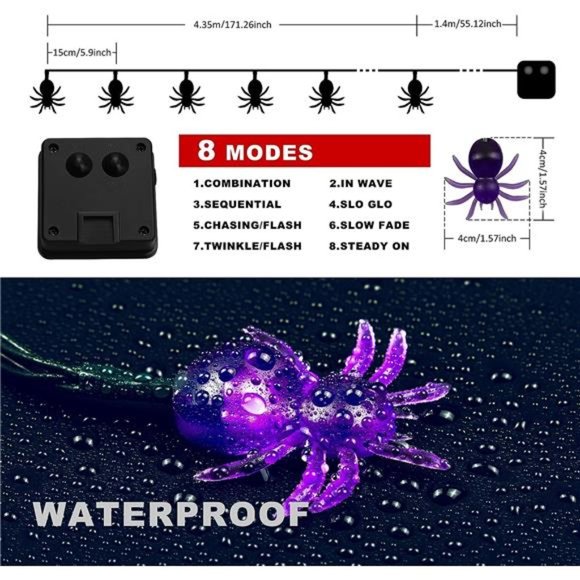Halloween Solar String Lights,2Pack 30LED 20ft Purple Spider Lights with 8 Modes - Picture 4 of 6